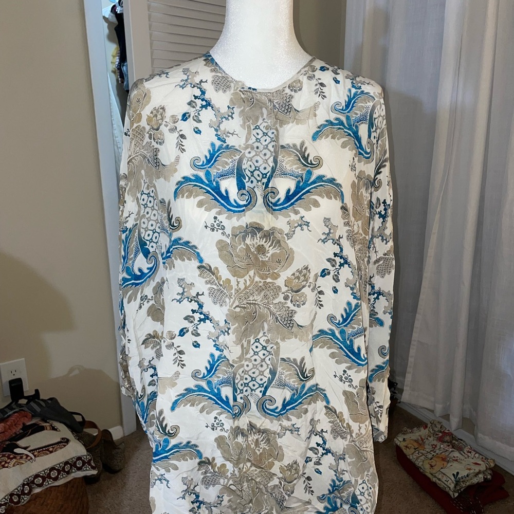 Eskandar PEONY-PRINT Silk High Low Hem 36" Long Tunic 100% silk